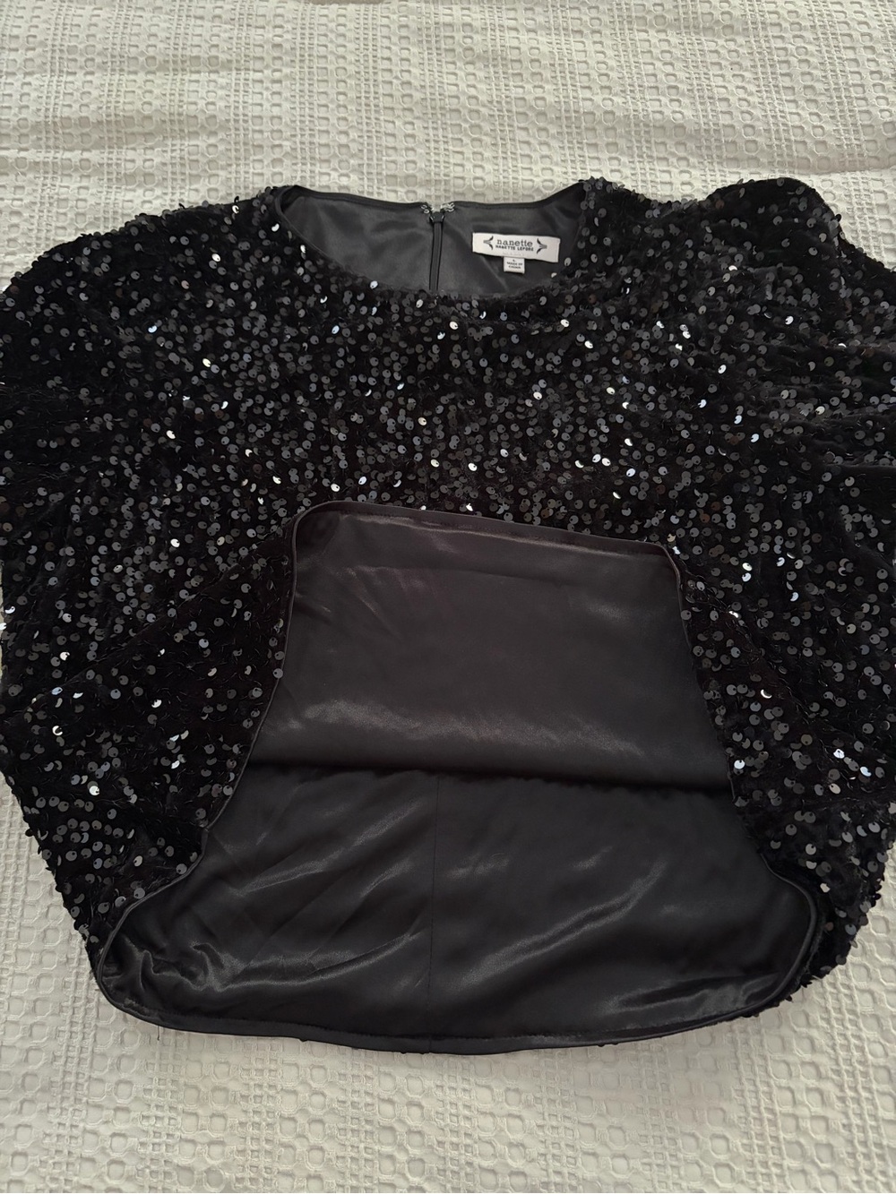 Nanette Lepore Black Velvet Sequin Short Sleeve Top L Retro Glam Festive Shimmer - Picture 9 of 10